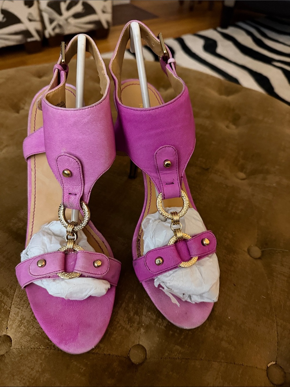 Nine West Bright Pink Suede Slingback Heels with Gold Rings